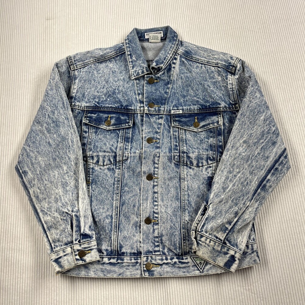 Vintage Guess Jacket Mens Small Blue Acid Wash Denim Biker Hong Kong 80s